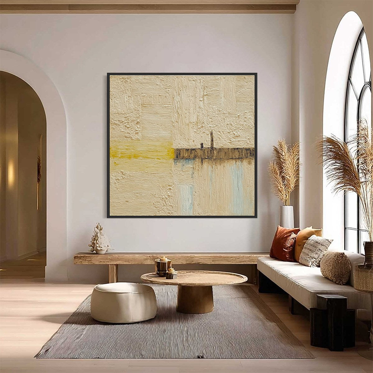 Original textured abstract seascape painting, beige yellow, handmade modern wall art