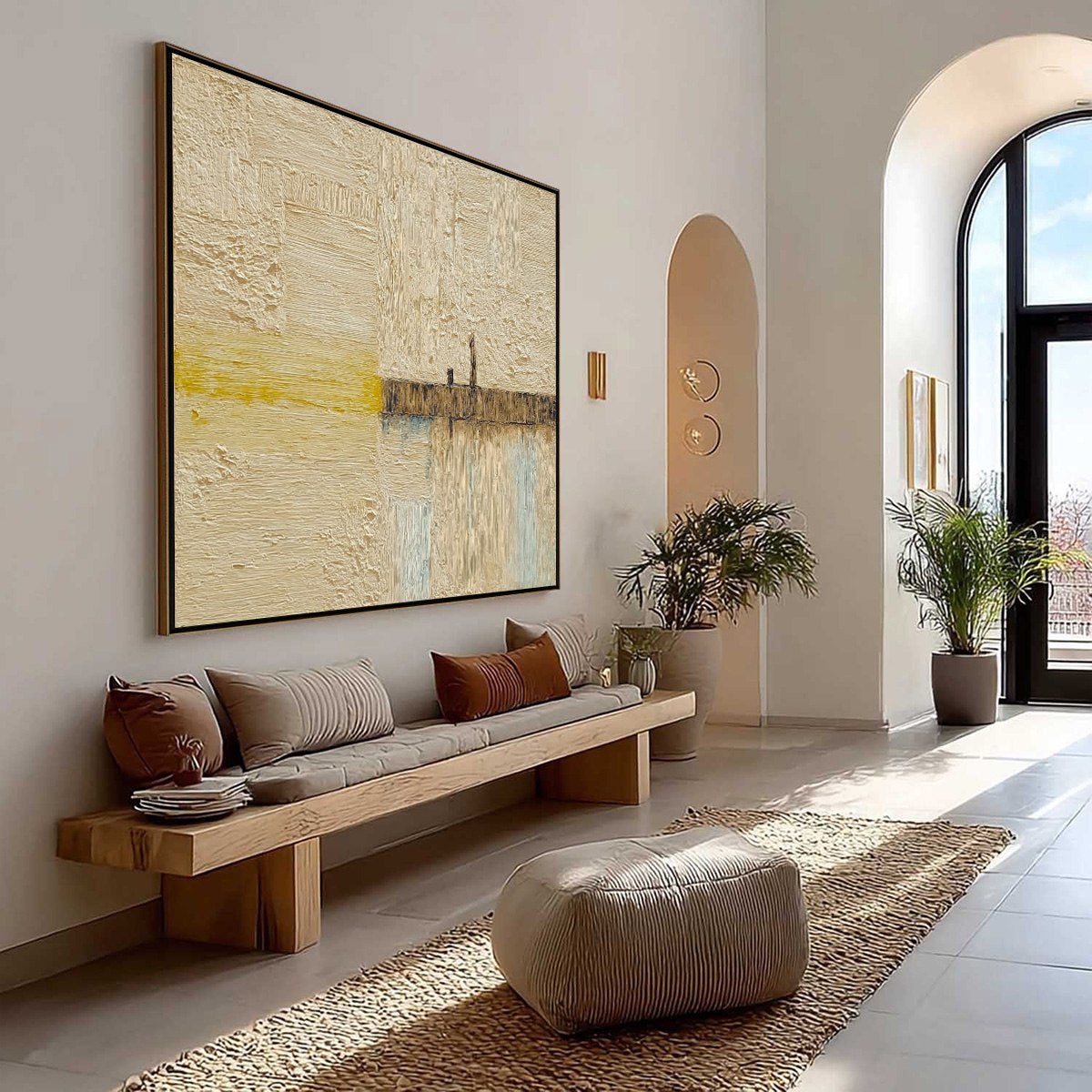 HORIZON'S EDGE textured Wabi-Sabi abstract seascape original painting with beige, yellow, brown impasto.