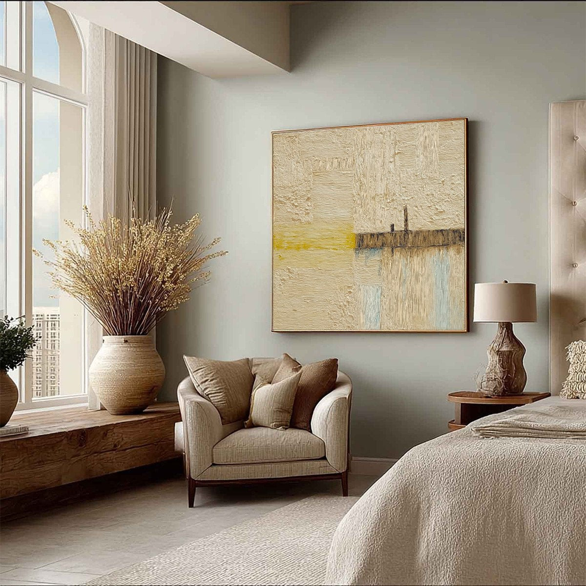 Original Wabi-Sabi abstract seascape painting: textured impasto in beige & yellow.