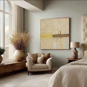 Original Wabi-Sabi abstract seascape painting: textured impasto in beige & yellow.