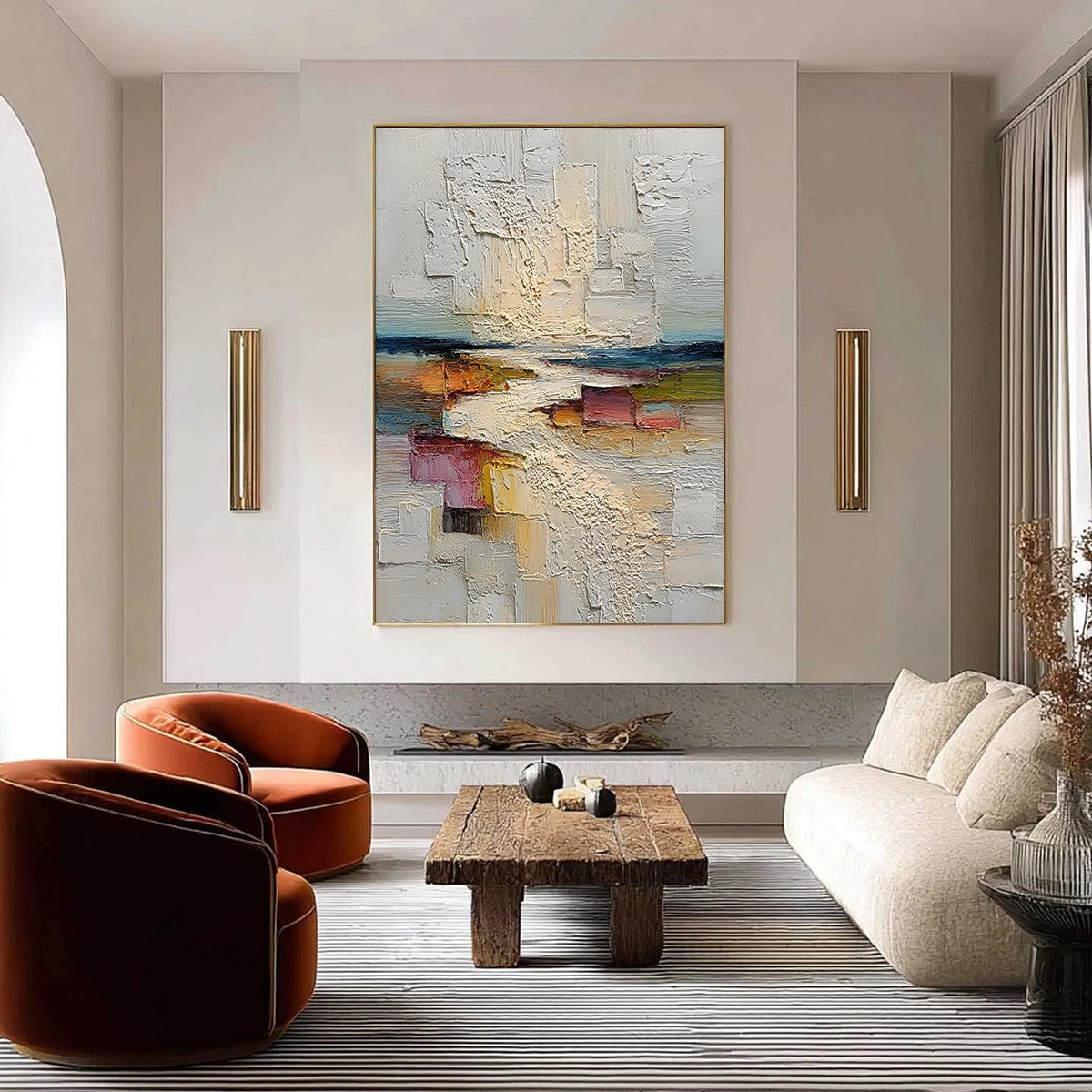 HORIZON'S EMBRACE: Heavily Textured Vertical Abstract Seascape Painting