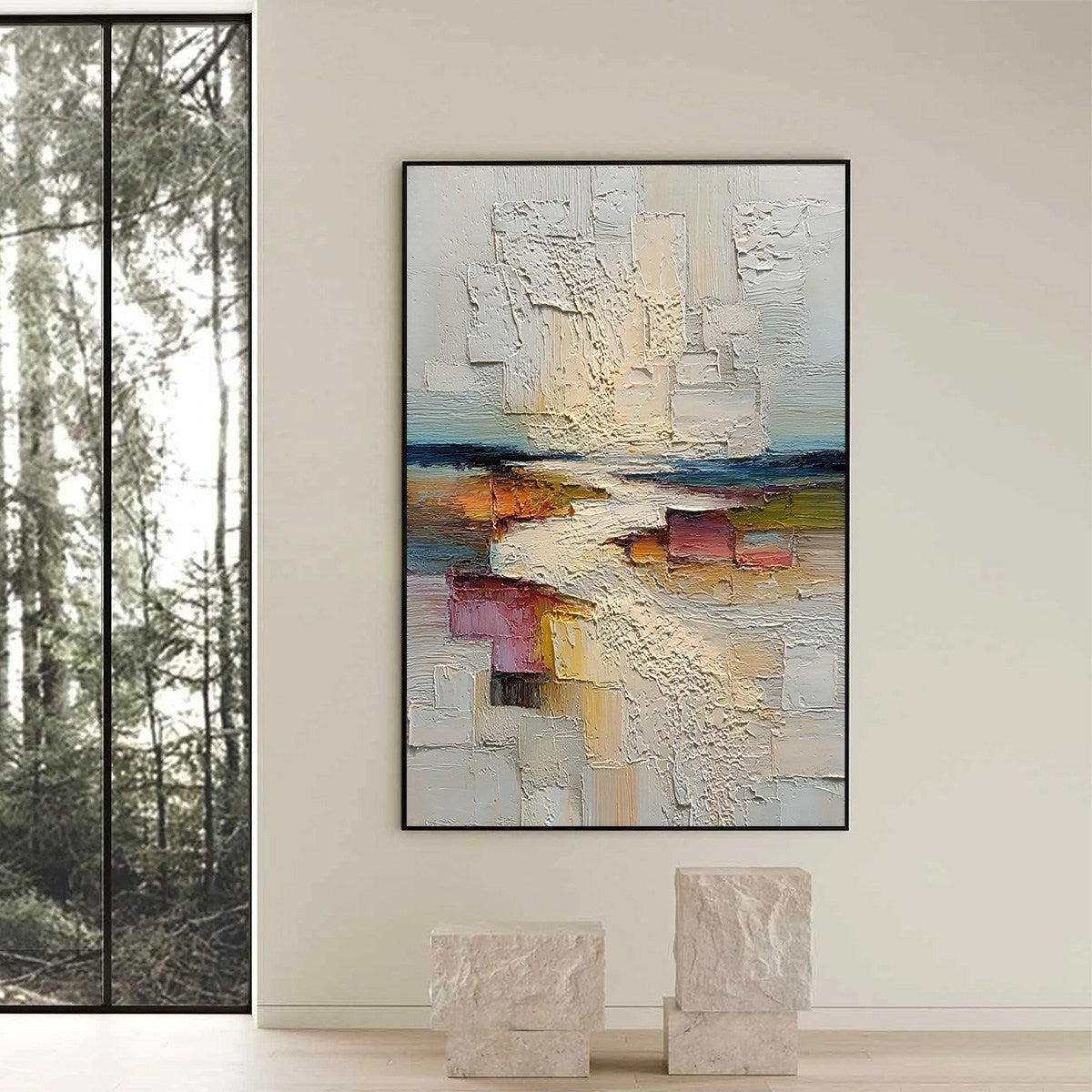 HORIZON'S EMBRACE: Heavily Textured Vertical Abstract Seascape Painting