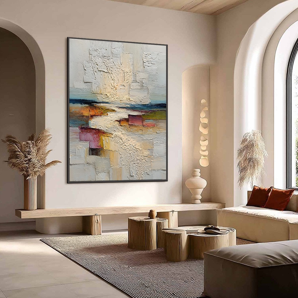 HORIZON'S EMBRACE: Heavily Textured Vertical Abstract Seascape Painting