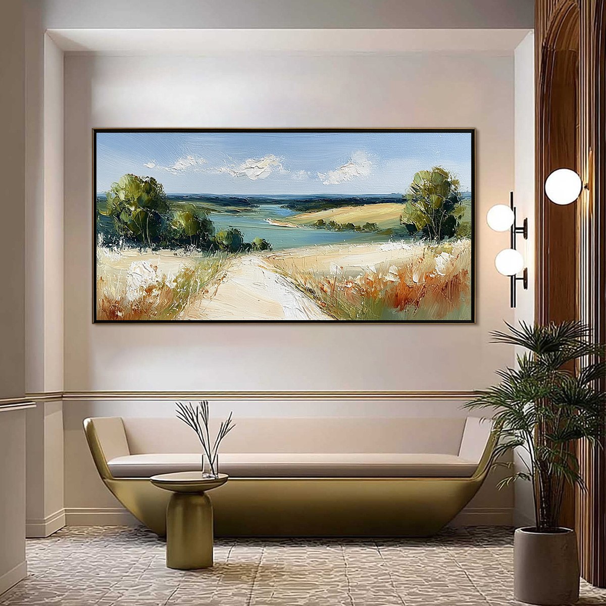 HORIZON'S EMBRACE: Textured Impasto Countryside Landscape Oil Painting