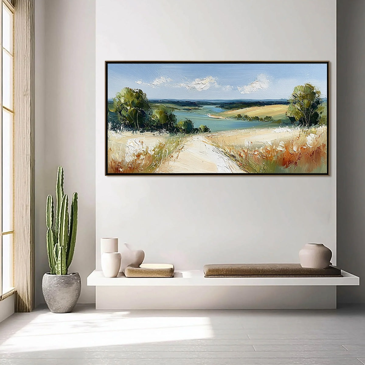 HORIZON'S EMBRACE: Textured Impasto Countryside Landscape Oil Painting
