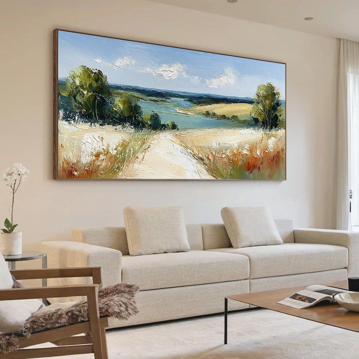 Horizon's Embrace: Textured Landscape Oil Painting for Wall Art