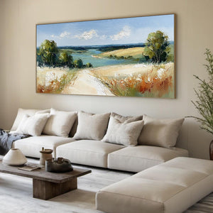 HORIZON'S EMBRACE: Textured Impasto Countryside Landscape Oil Painting