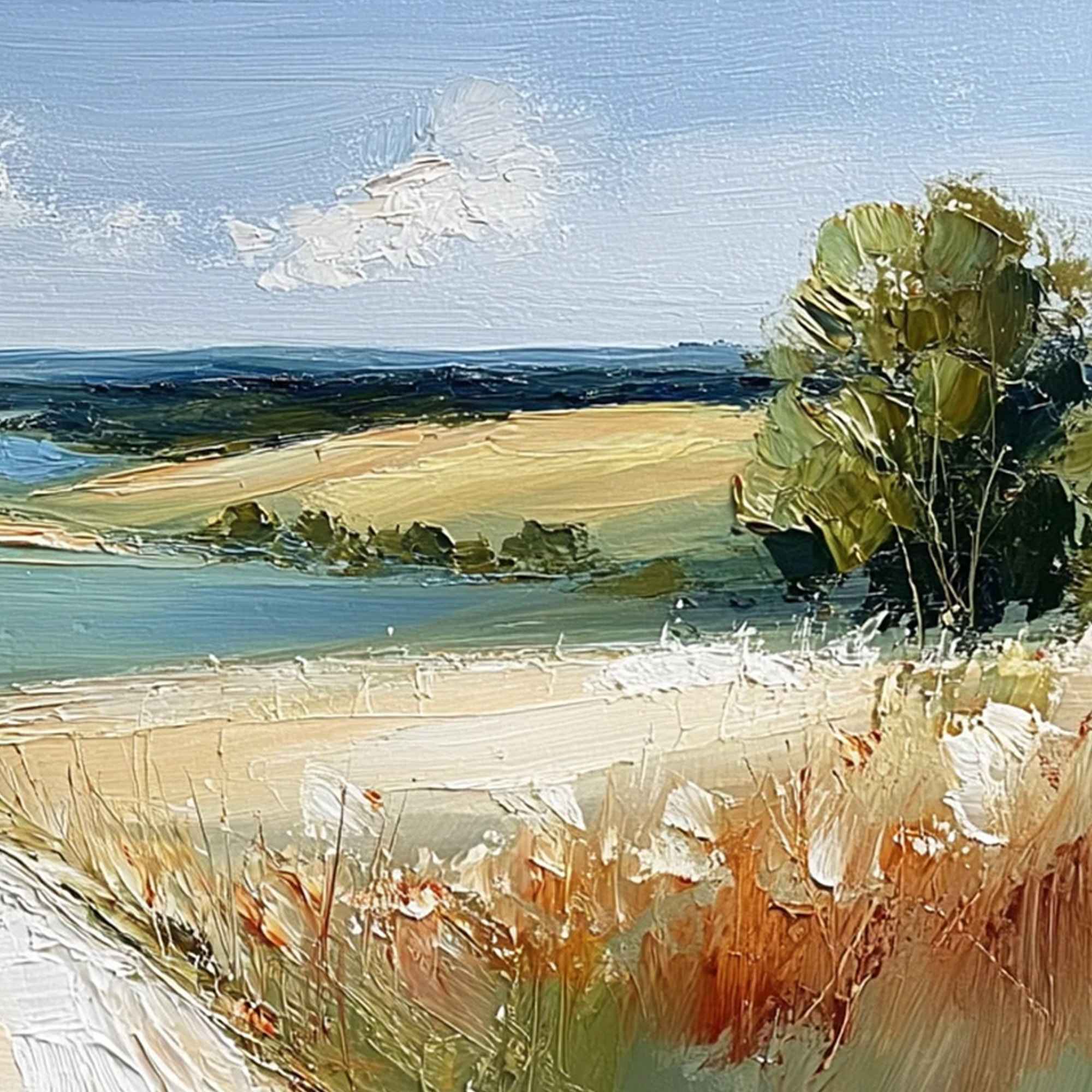 HORIZON'S EMBRACE: Textured Impasto Countryside Landscape Oil Painting