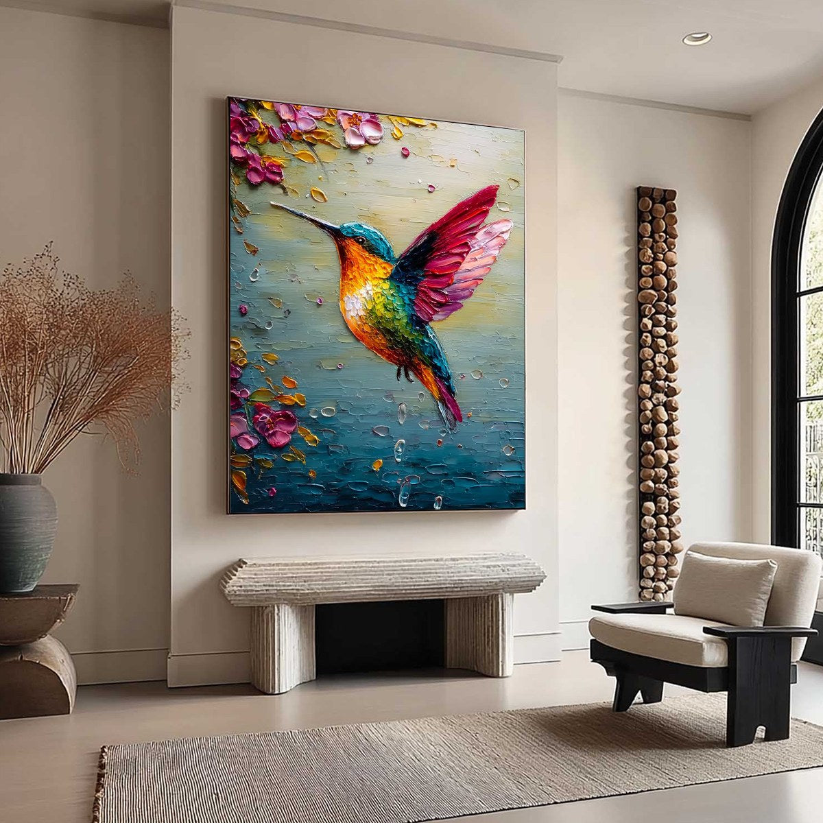 HUMMINGBIRD RADIANCE: Impasto Wildlife Bird Oil Painting