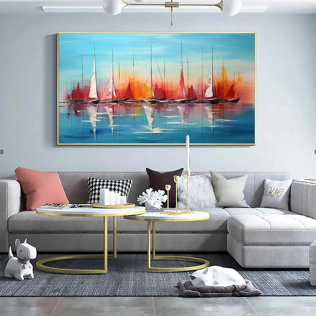 Harbor Sunset: Panoramic Sailboat Painting | Colorful Sunset | Beach & Sea | Living Room, Office, Hotel