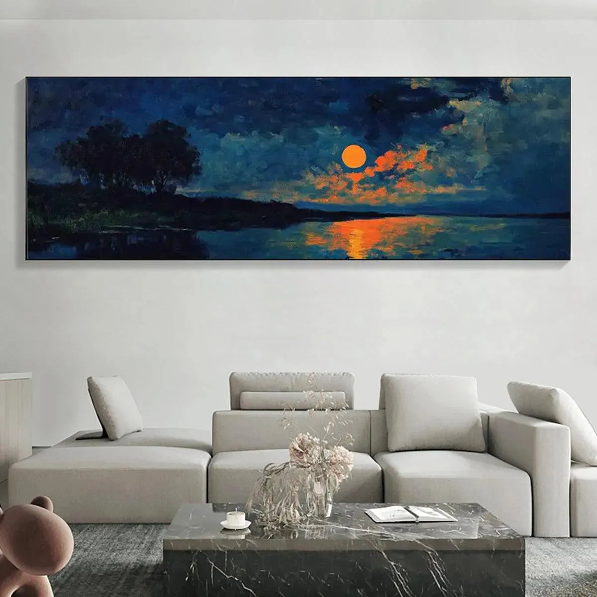 Panoramic painting: Harvest Moon Over Lake by Liam O'Connell, orange moon reflection on water with silhouetted trees.