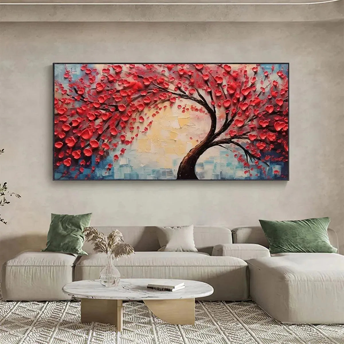 Willow Davies' original textured impasto heart tree wall art painting with red leaves, lifestyle setting.