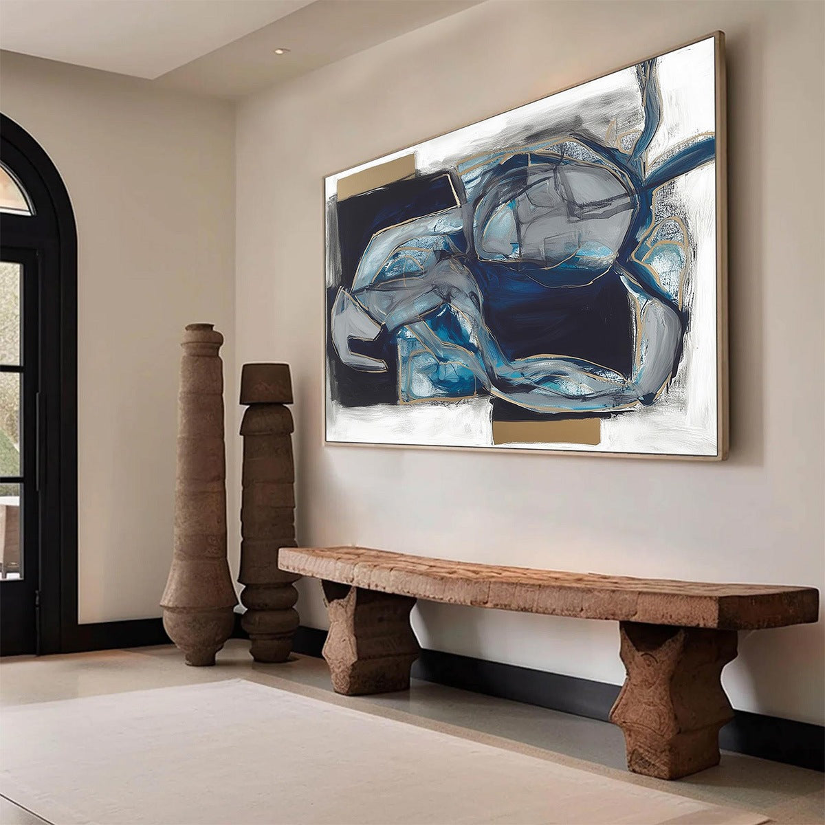 INDIGO DREAMSCAPE: Abstract Blue and Gold Oil Painting