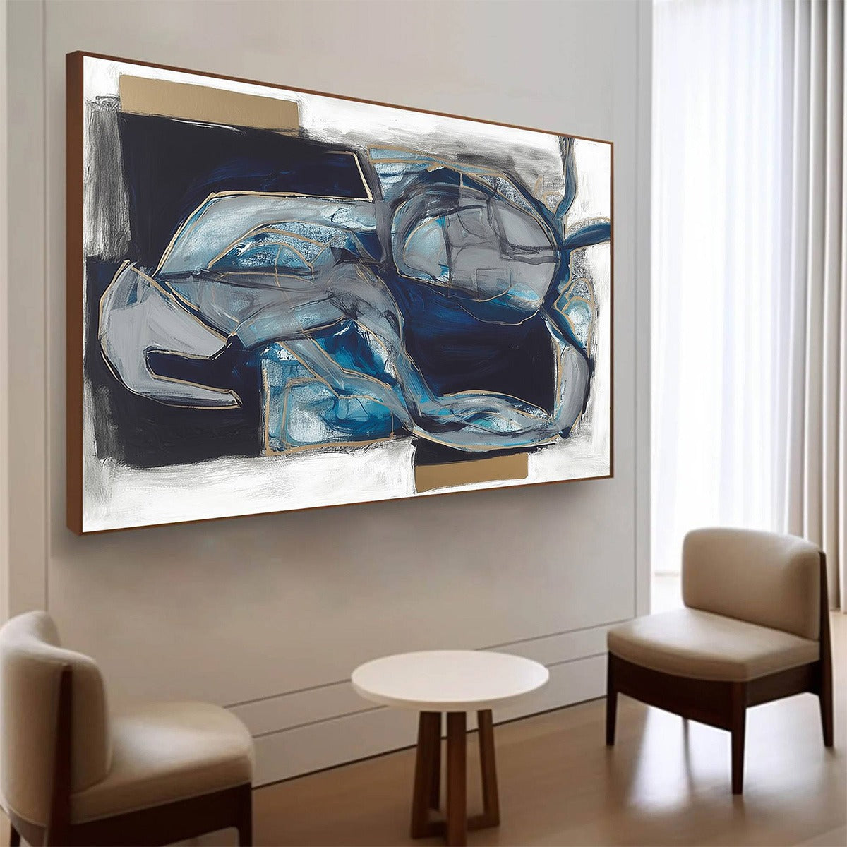 INDIGO DREAMSCAPE: Abstract Blue and Gold Oil Painting