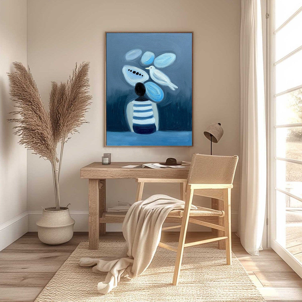 INNER WORLD vertical blue abstract textured oil painting, original handmade modern wall art