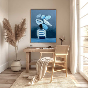 INNER WORLD vertical blue abstract textured oil painting, original handmade modern wall art