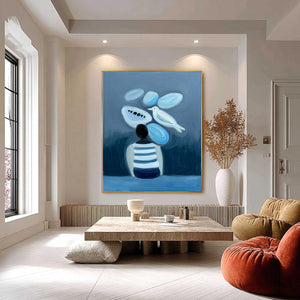 Original handmade blue abstract modern wall art, oil painting 'Inner World' with bird.
