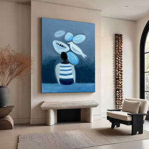 Original vertical textured blue abstract oil painting 'Inner World', figure watching bird.
