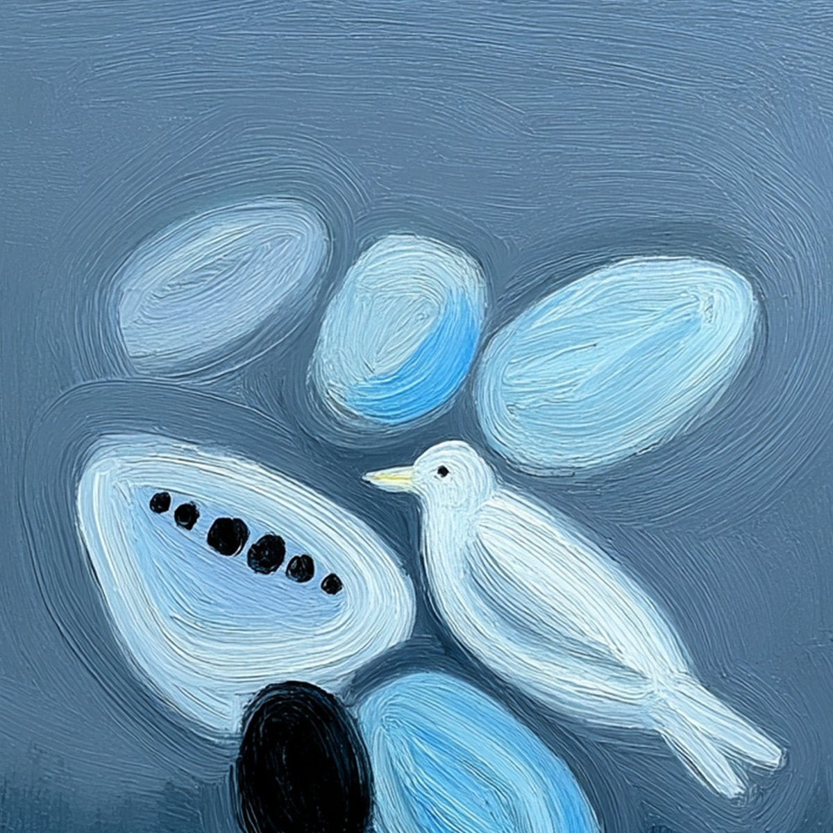 Original handmade abstract oil painting, 'Inner World,' featuring white bird.