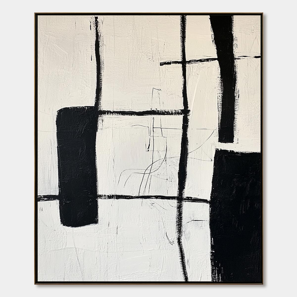 Intersection: Original Minimalist Textured Abstract Oil Painting - Black White Vertical Wall Art Decor