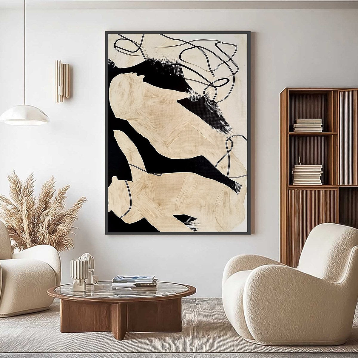 INTERTWINED: Large Vertical Minimalist Black and Beige Abstract Painting