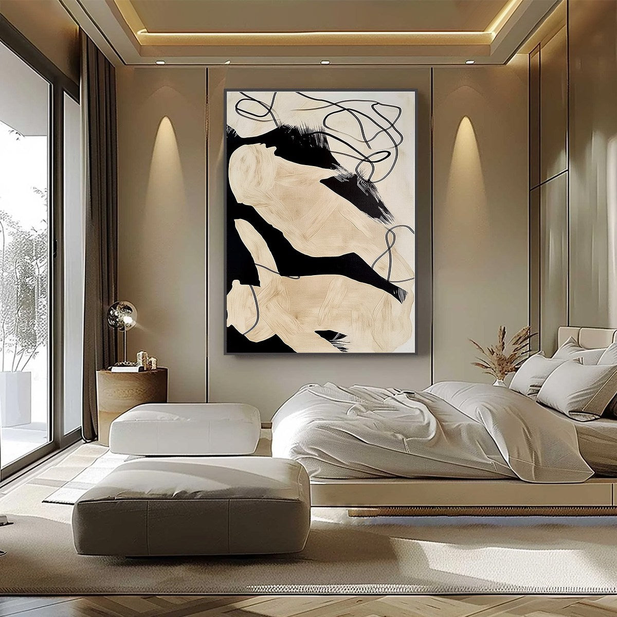 INTERTWINED: Large Vertical Minimalist Black and Beige Abstract Painting