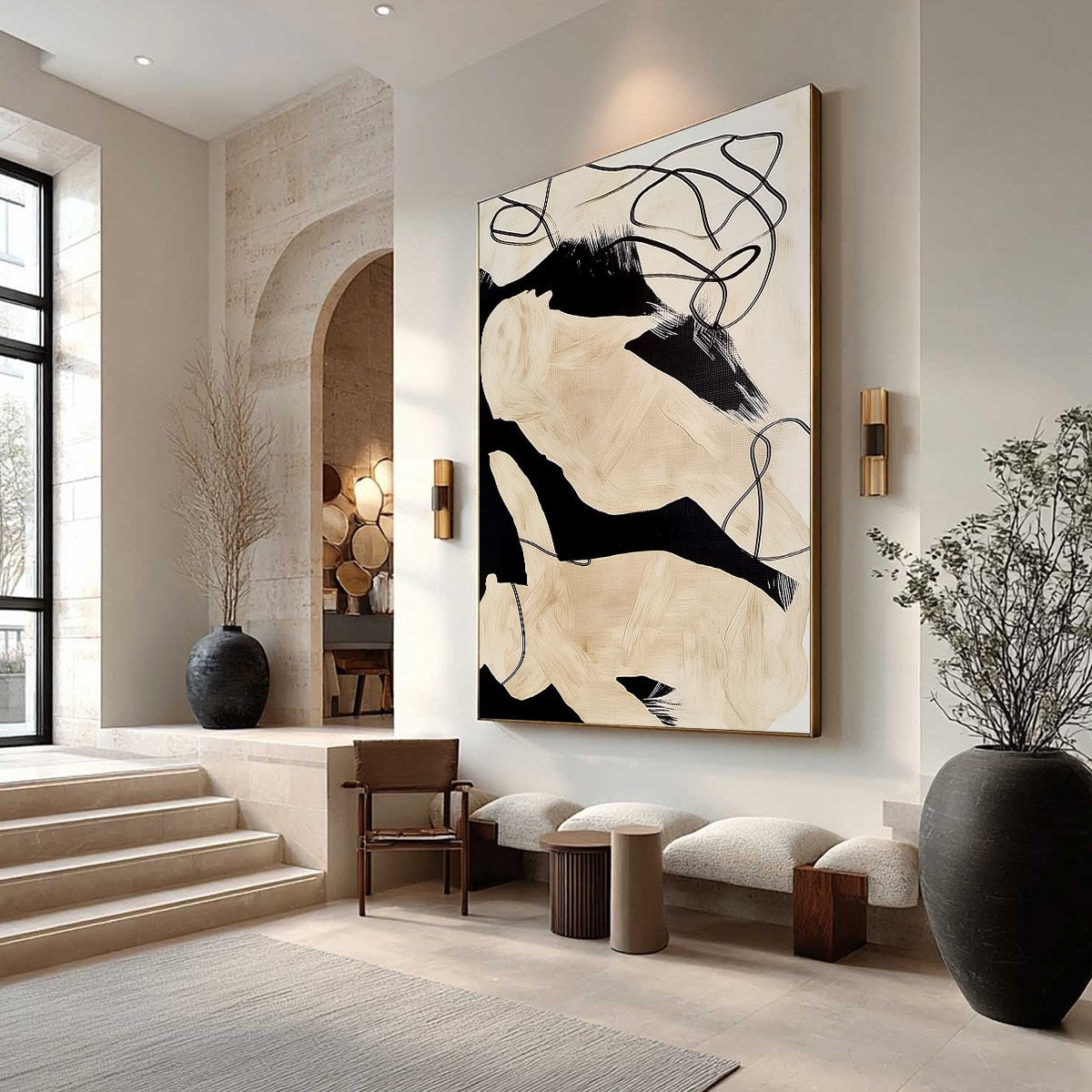 INTERTWINED: Large Vertical Minimalist Black and Beige Abstract Painting
