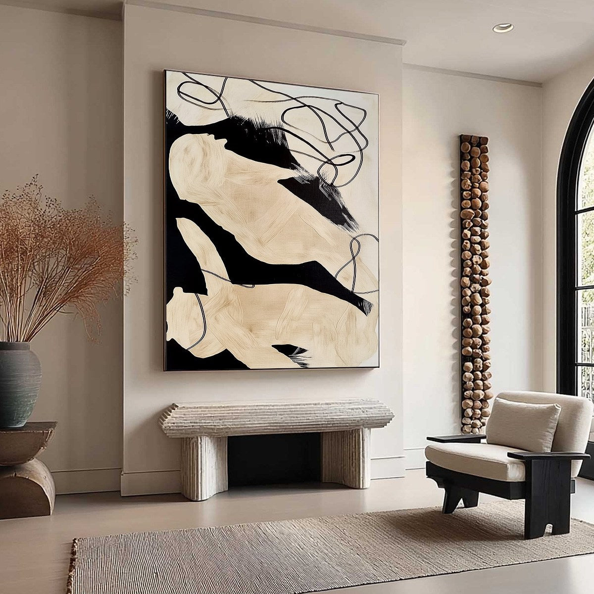 INTERTWINED: Large Vertical Minimalist Black and Beige Abstract Painting