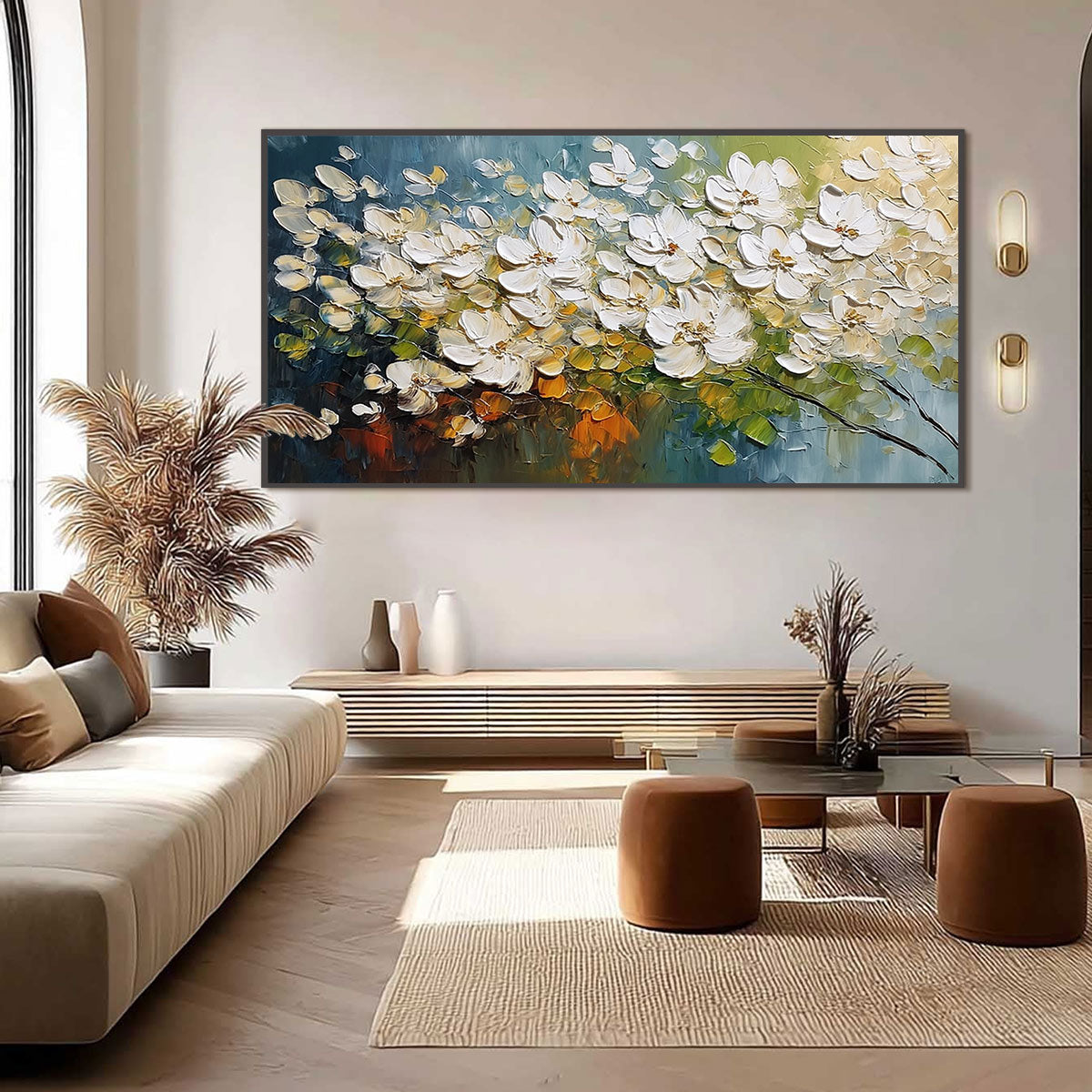 IVORY BLOOM: Textured White Floral Impasto Oil Paintinga