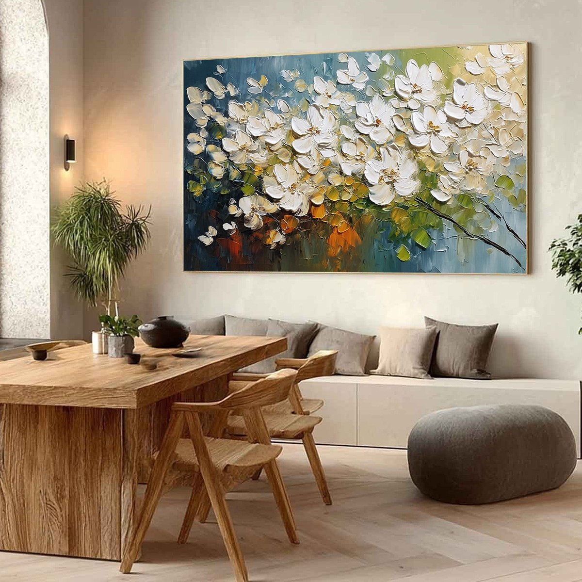 IVORY BLOOM: Textured White Floral Impasto Oil Paintinga