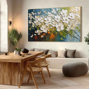 IVORY BLOOM: Textured White Floral Impasto Oil Paintinga