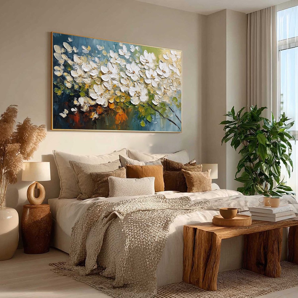 IVORY BLOOM: Textured White Floral Impasto Oil Paintinga