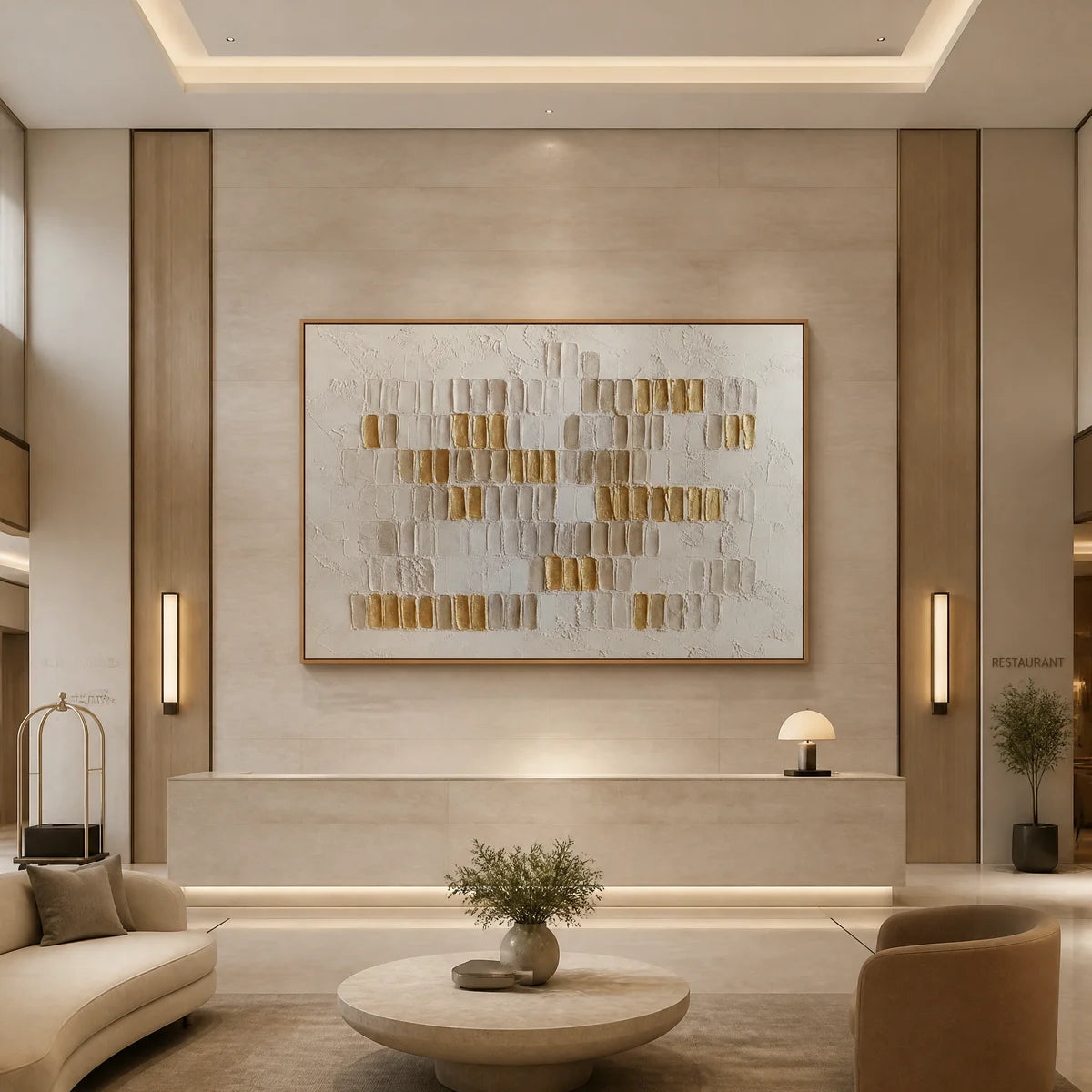 White and gold relief abstract wall art with sculpted texture in a wood frame displayed in a luxury hotel lobby.