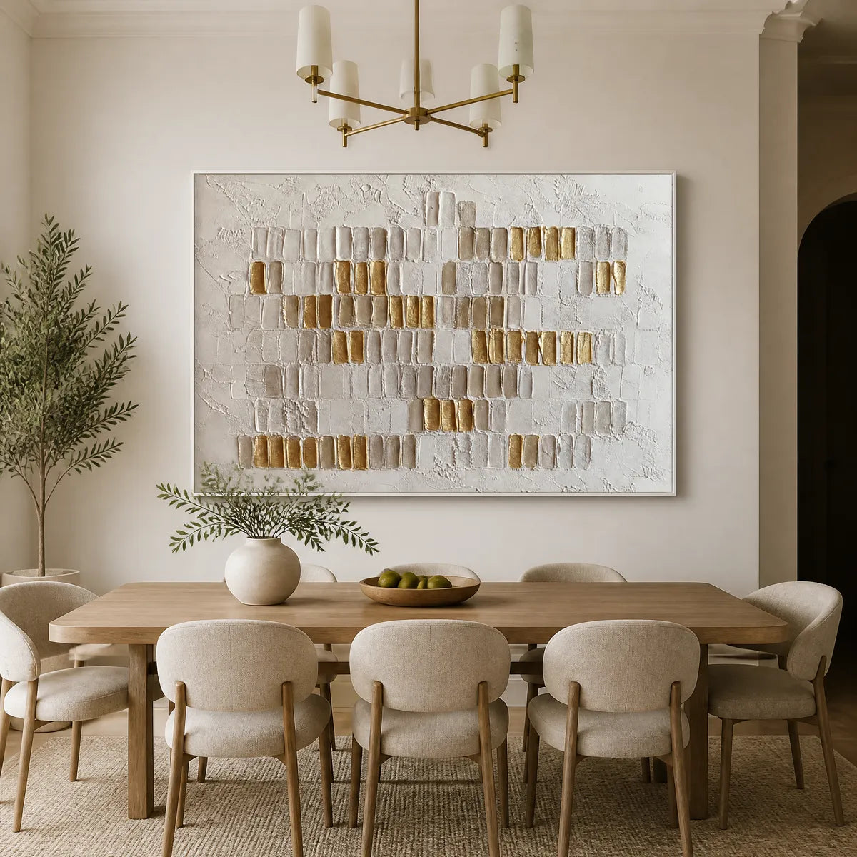 White and gold relief abstract wall art with sculpted texture in a luxury living room displayed in a refined dining room.