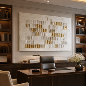 Ivory Halo white gold relief abstract wall art in a modern luxury office.