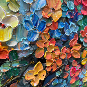 Rainbow Bloom: Original Impasto Oil Painting of a Floral Tree - Palette Knife Textured Art