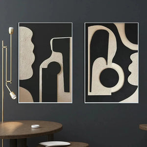 INK BLOT DUO: 2 framed abstract paintings, textured beige organic shapes on black background, modern minimalist decor.