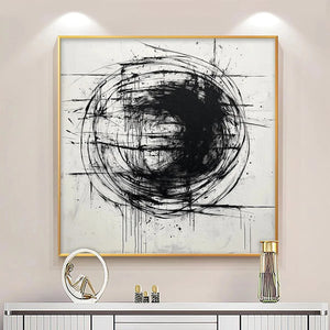 Ink Vortex: Minimalist Black and White Abstract Oil Painting on Canvas