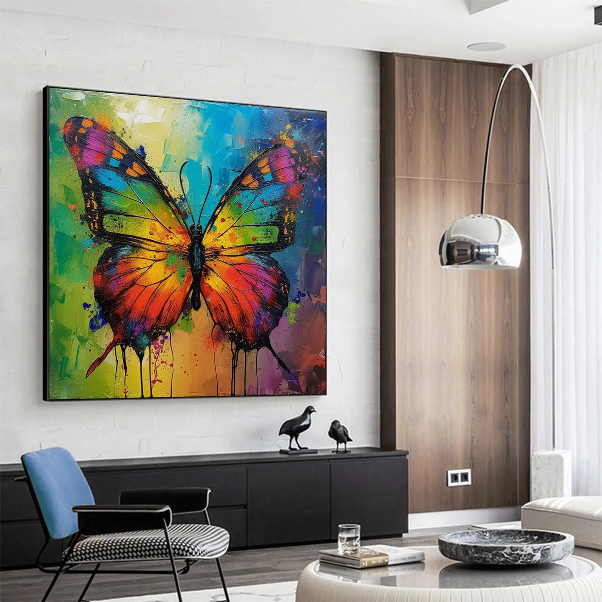 IRIDESCENT WINGS: Square Colorful Butterfly Oil Painting on Canvas