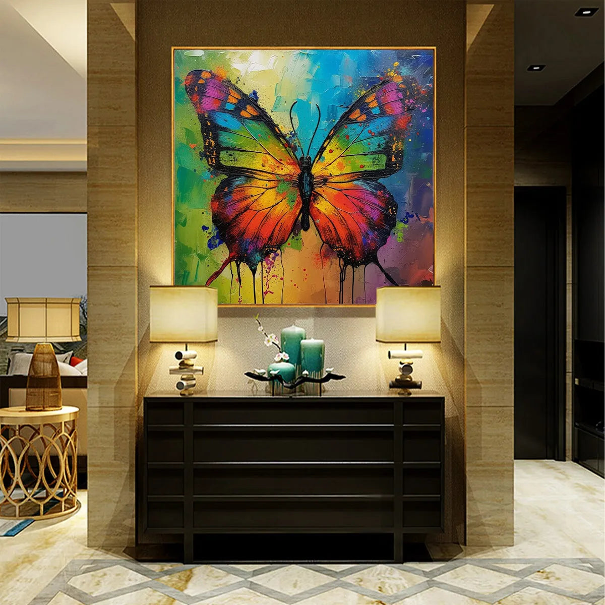 Iridescent Wings: Square Colorful Butterfly Oil Painting Canvas Wall Art