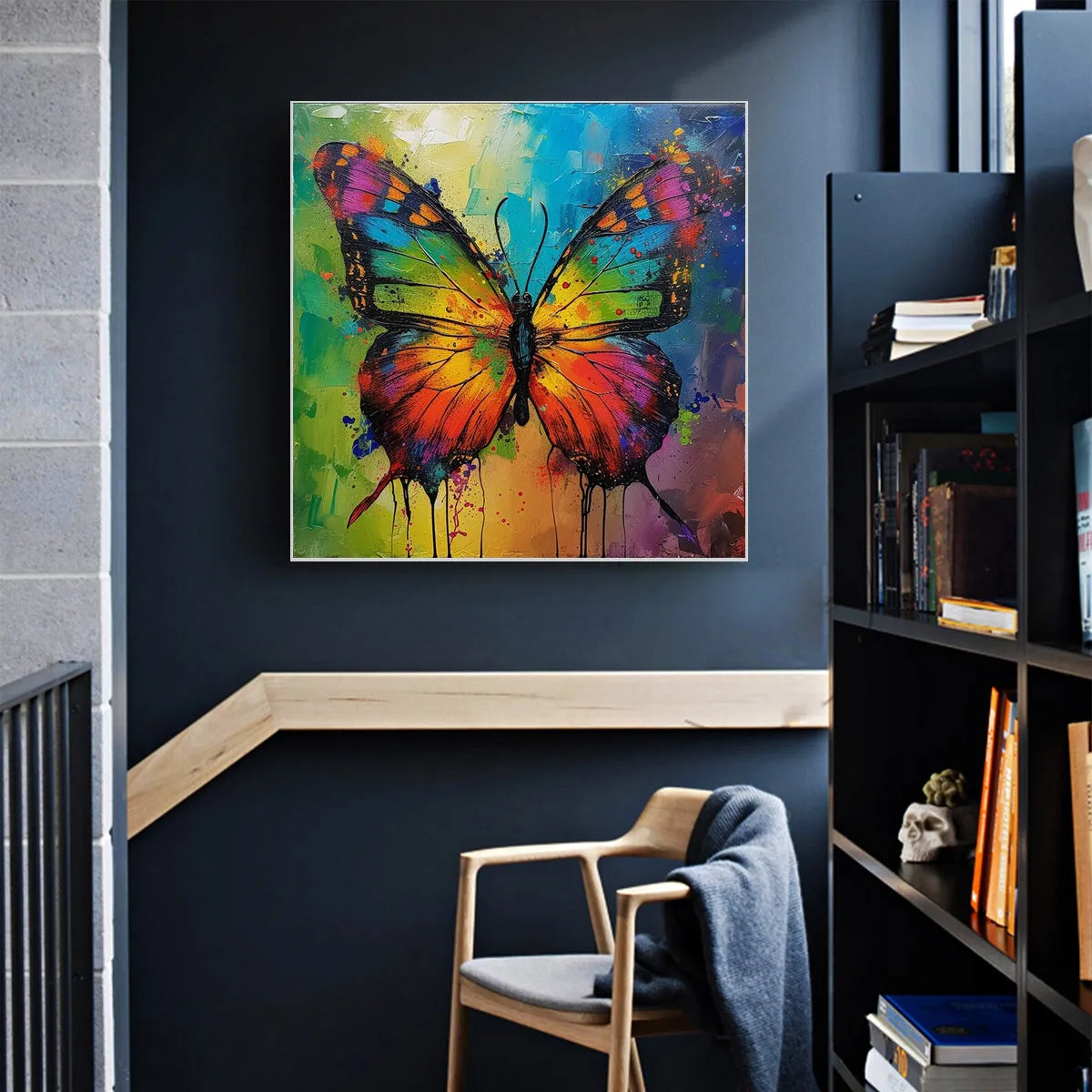 IRIDESCENT WINGS: Square Colorful Butterfly Oil Painting on Canvas