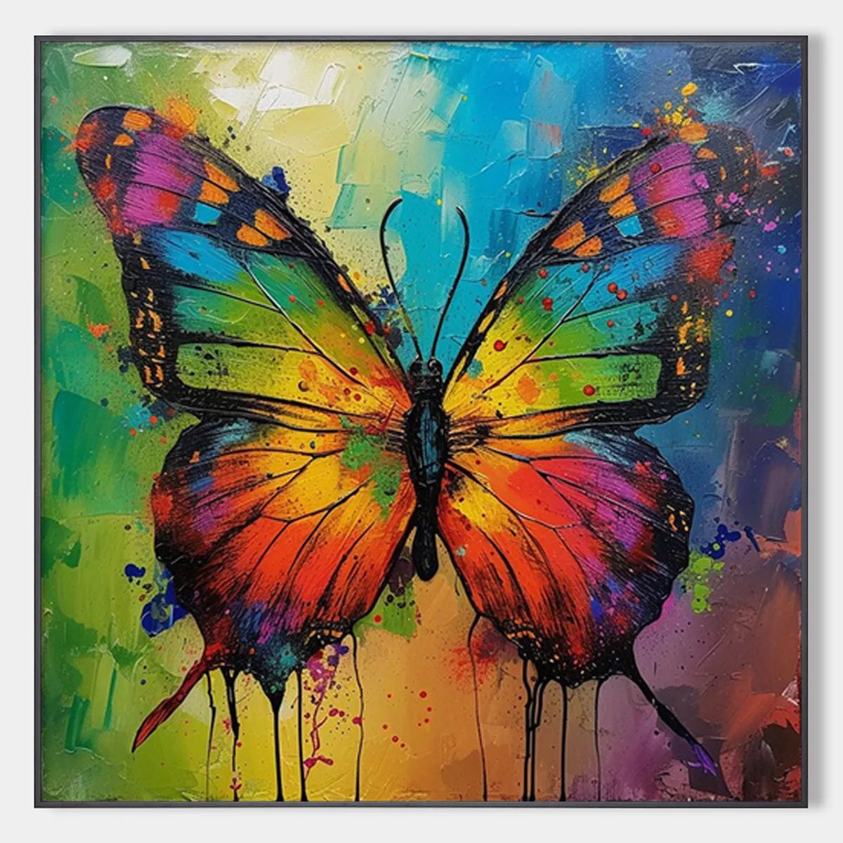 Iridescent Wings: Square Colorful Butterfly Oil Painting Canvas Wall Art