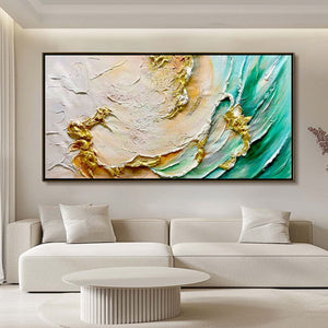 Ready to Ship ｜Jade Aurora: Abstract Gold-Green Impasto Oil Painting