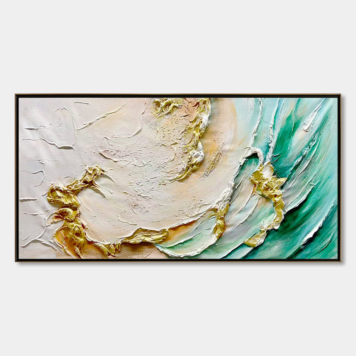 Ready to Ship ｜Jade Aurora: Abstract Gold-Green Impasto Oil Painting