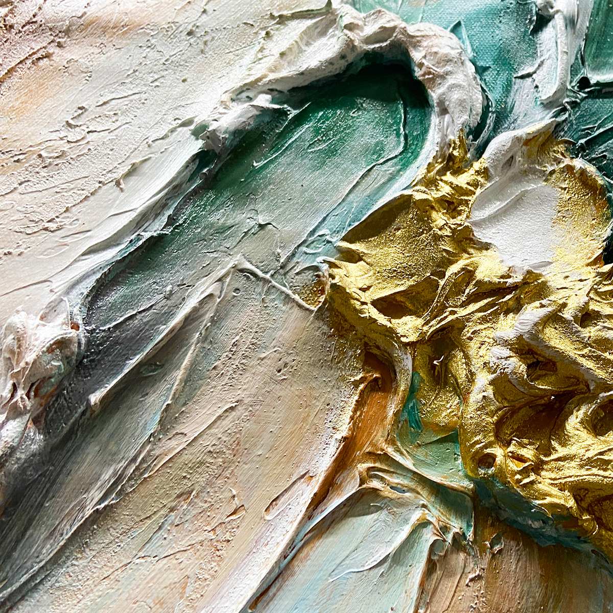 Ready to Ship ｜Jade Aurora: Abstract Gold-Green Impasto Oil Painting