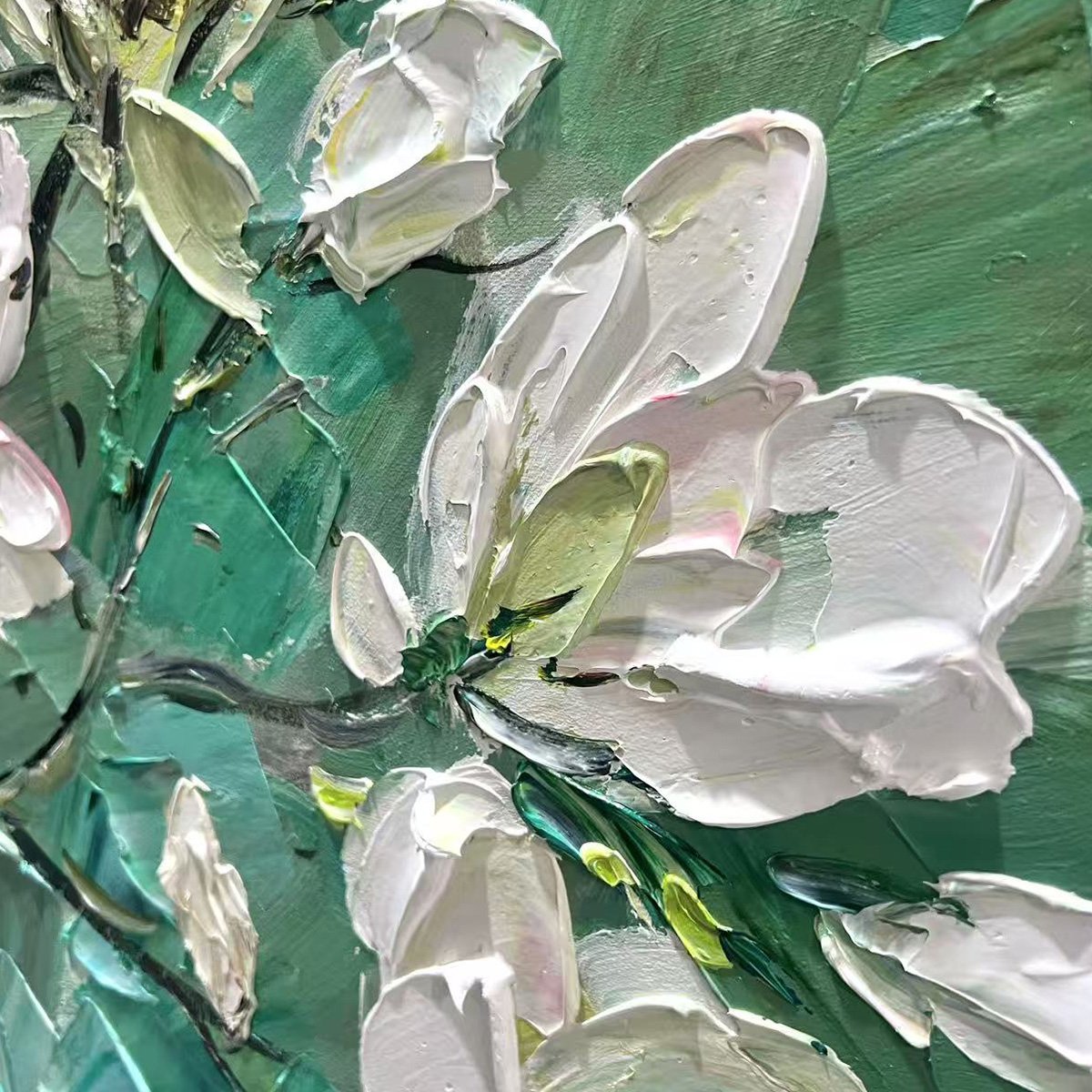 JADE MAGNOLIAS: White Magnolia Impasto Painting for Living Room