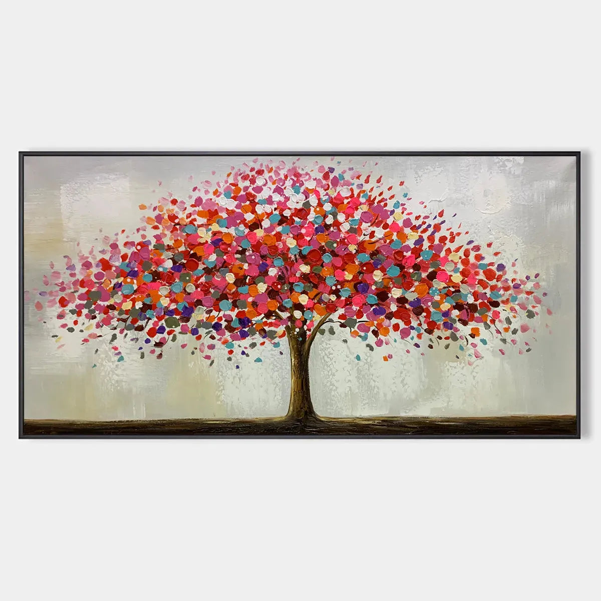 Colorful Abstract Tree Painting, Impasto Texture, Horizontal Canvas, Modern Wall Art