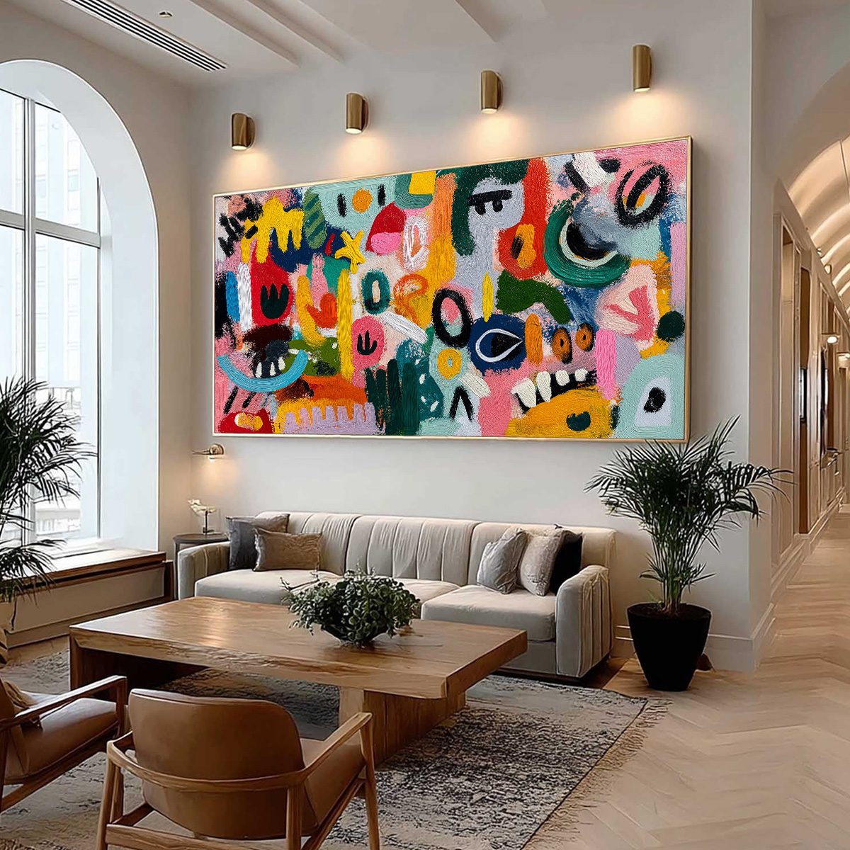 Joyful Chaos: Colorful Horizontal Abstract Oil Painting for Wall