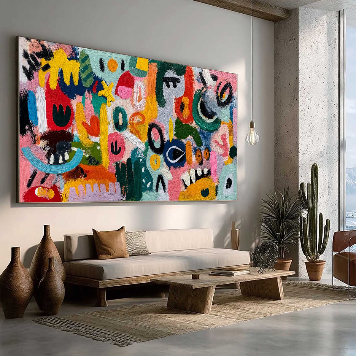 Joyful Chaos: Colorful Horizontal Abstract Oil Painting for Wall