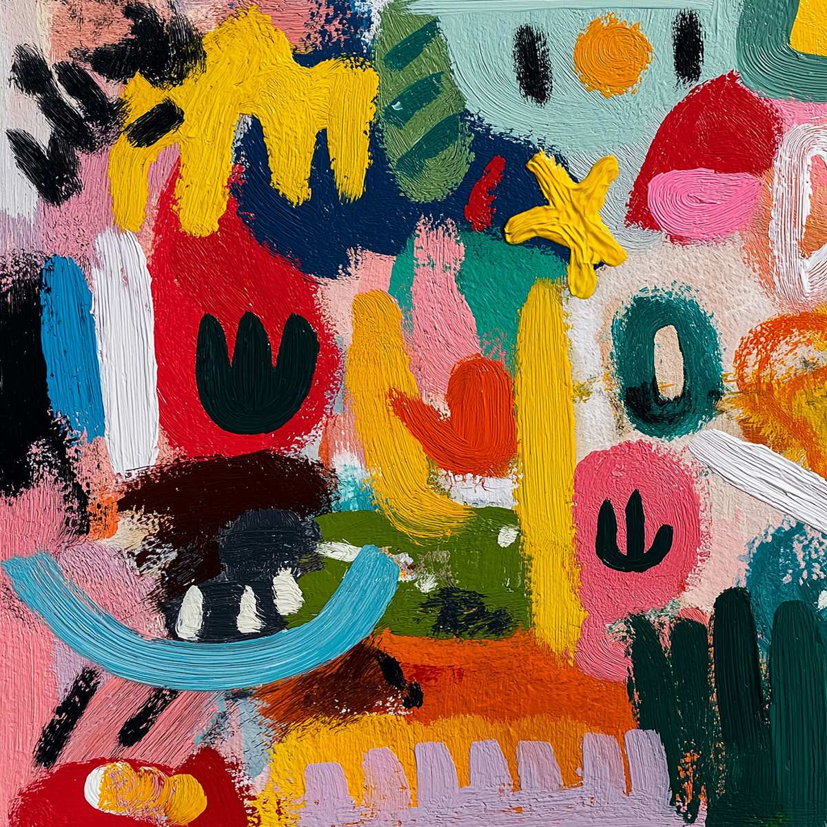 Joyful Chaos: Colorful Horizontal Abstract Oil Painting for Wall